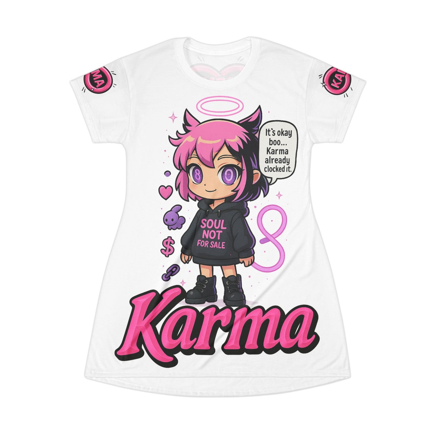T-Shirt Dress - Anime Girl White and Pink Tee Skirt "It's Ok Boo Karma Already Clocked It"