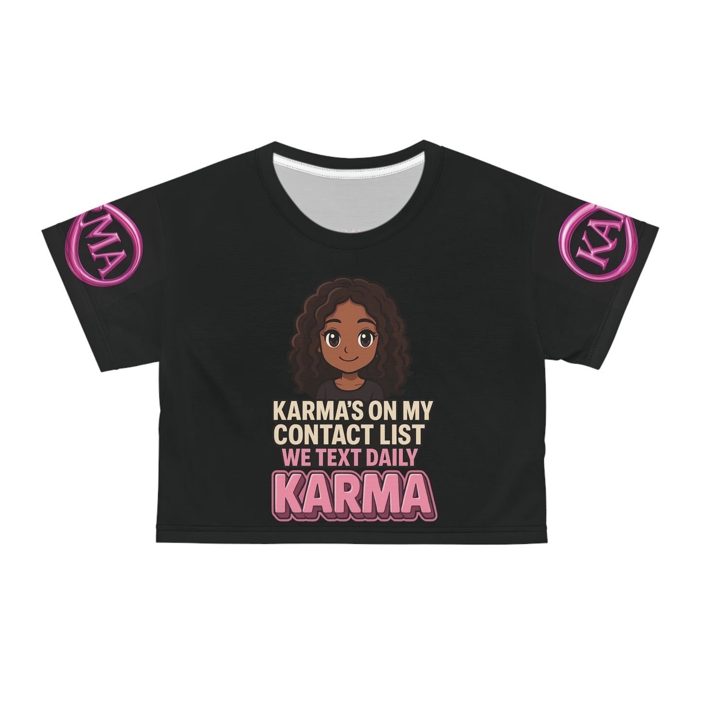 Graphic Crop Tee - Black and Pink with 'Karma is in My Contact List' Design