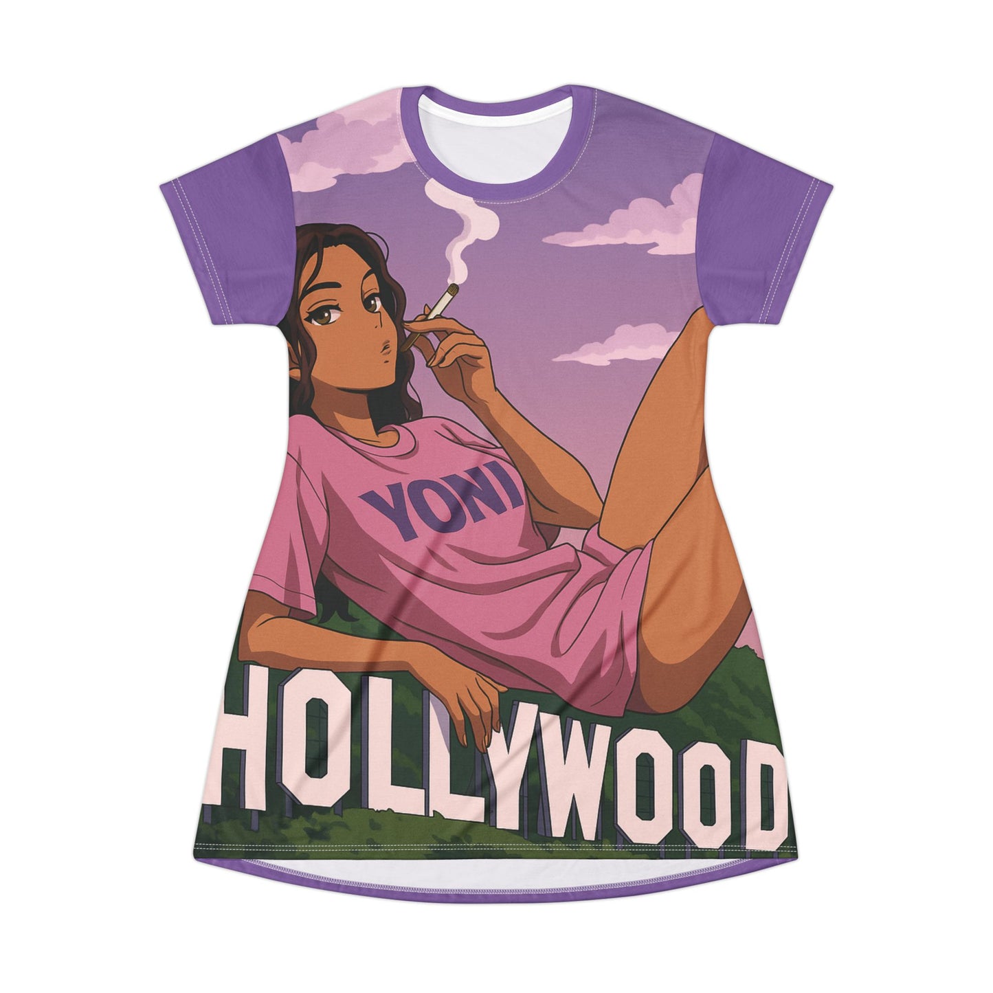 YONI Hollywood Smoke Purple T-Shirt Dress (AOP)