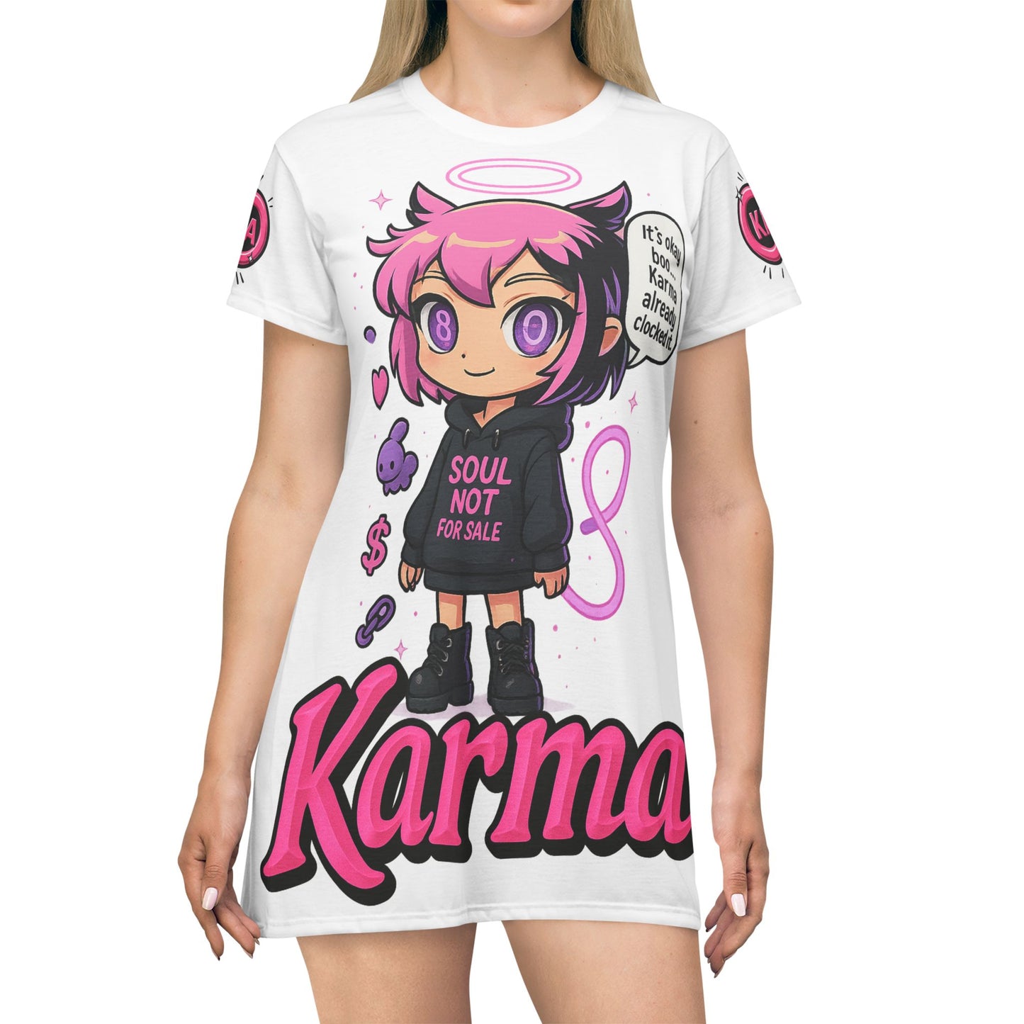 T-Shirt Dress - Anime Girl White and Pink Tee Skirt "It's Ok Boo Karma Already Clocked It"