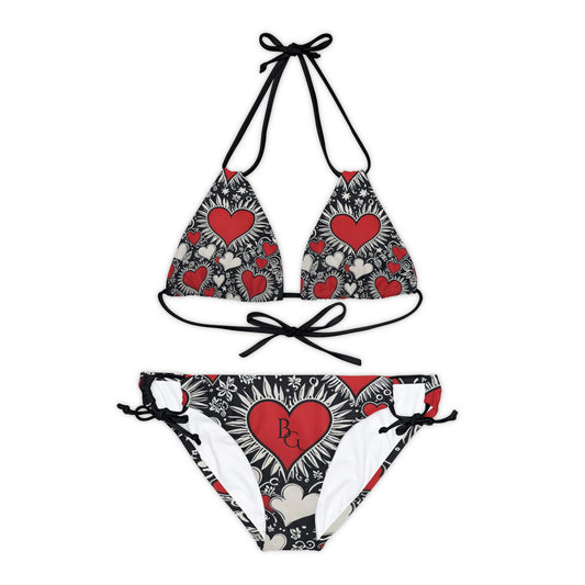 Burning Guitars Heart Print Strappy Bikini Set