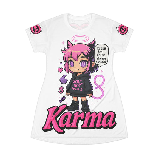 T-Shirt Dress - Anime Girl White and Pink Tee Skirt &quot;It's Ok Boo Karma Already Clocked It&quot;