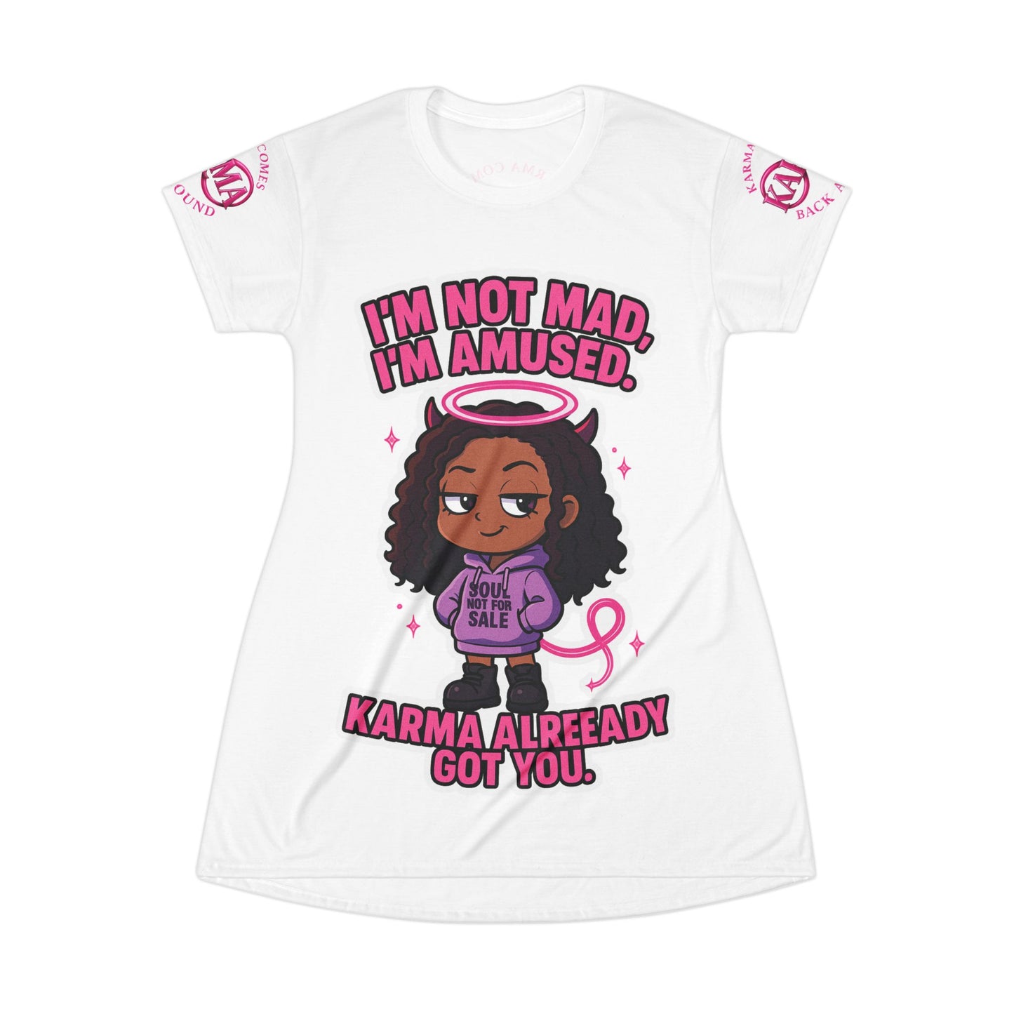 Anime Girl T-Shirt Dress with 'I'm not mad, I'm amused, karma already got you' Quote