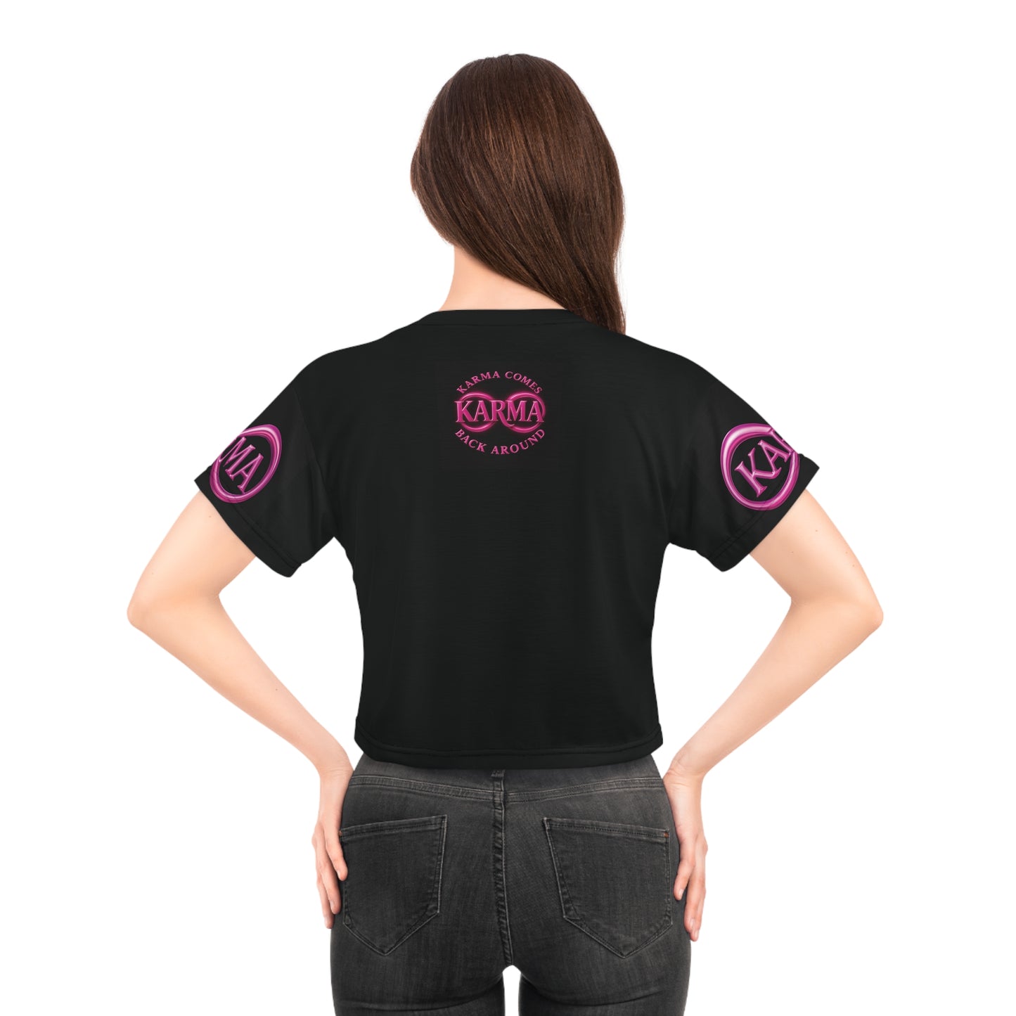 Graphic Crop Tee - Black and Pink with 'Karma is in My Contact List' Design