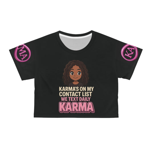 Graphic Crop Tee - Black and Pink with 'Karma is in My Contact List' Design