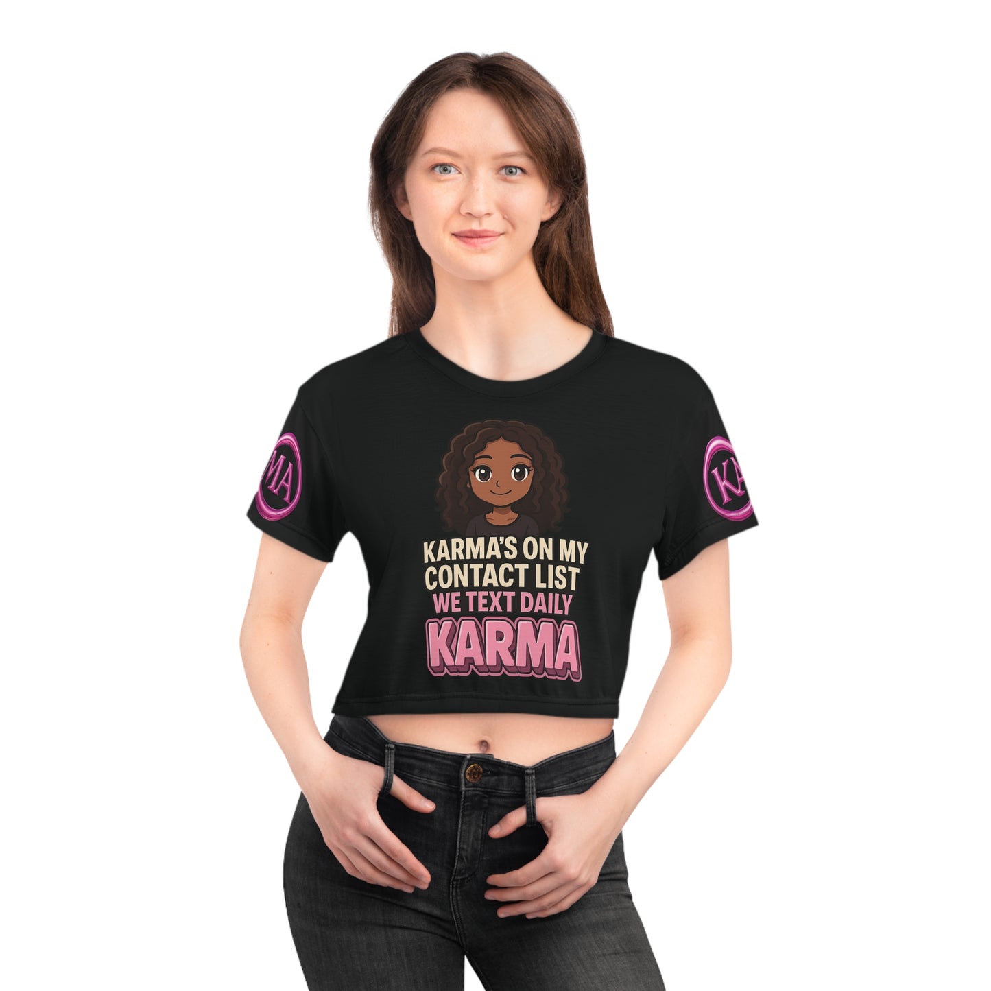 Graphic Crop Tee - Black and Pink with 'Karma is in My Contact List' Design