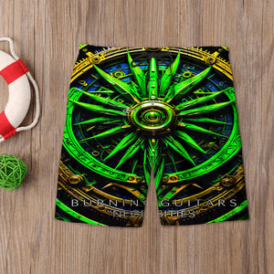 Neon Green Star and Crescent Men'S Beach Short by Burning Guitars Inc.