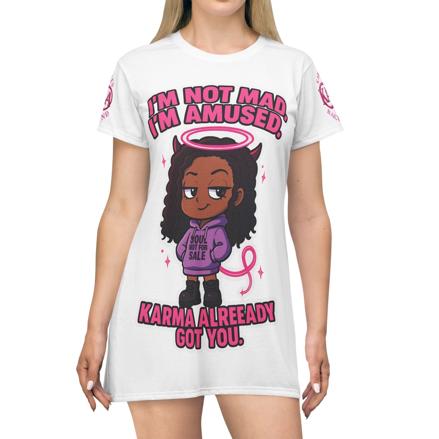 Anime Girl T-Shirt Dress with 'I'm not mad, I'm amused, karma already got you' Quote