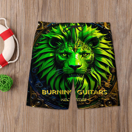 Neon Green Lion Men'S Beach Short by Burning Guitars